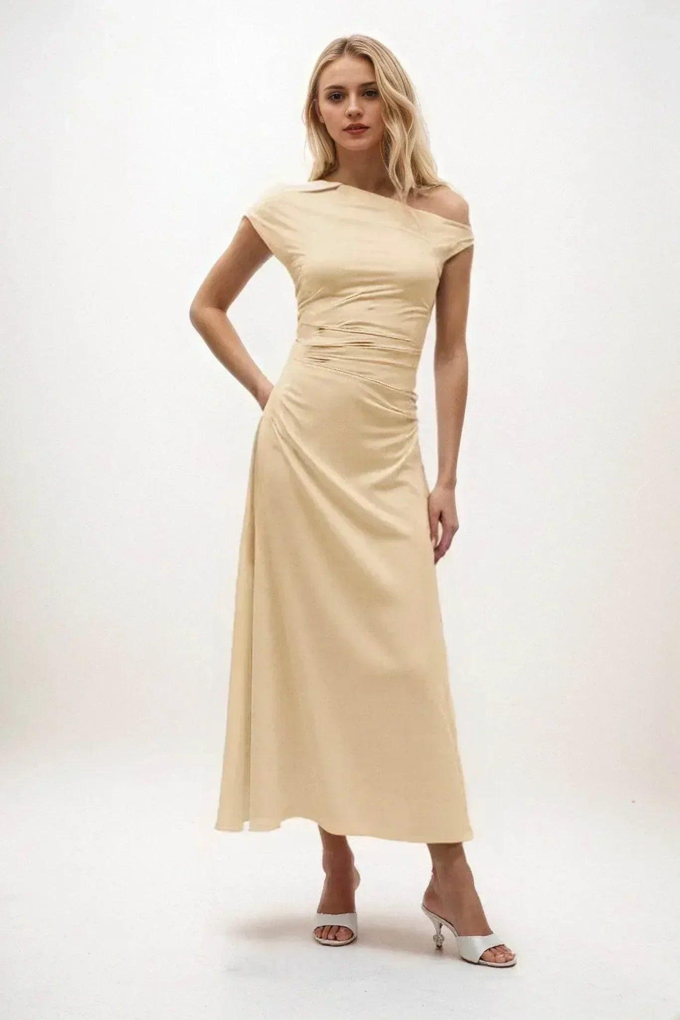 A-Line Midi Luxe Satin Dress CB0830CS - Champagne - COCOMELODY